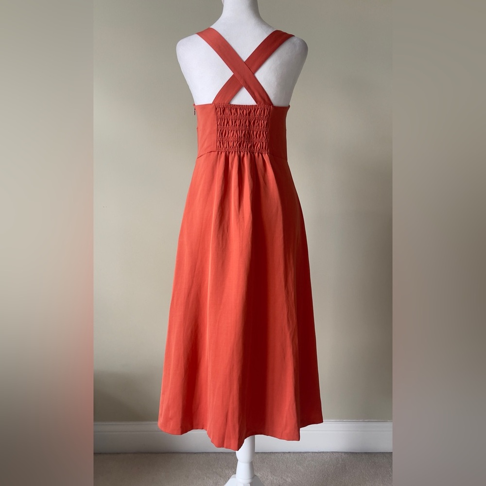 Theory Crossback Linen-Blend Square Neck Smocked Back Midi Dress EUC Size 6 - Picture 5 of 8
